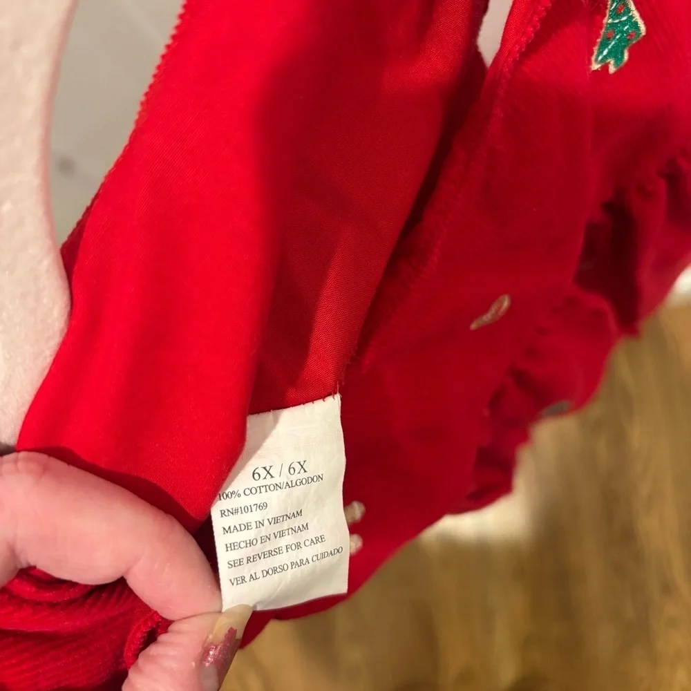 Corduroy Girls Red Dress Embroidered Gingerbread Men Christmas Trees